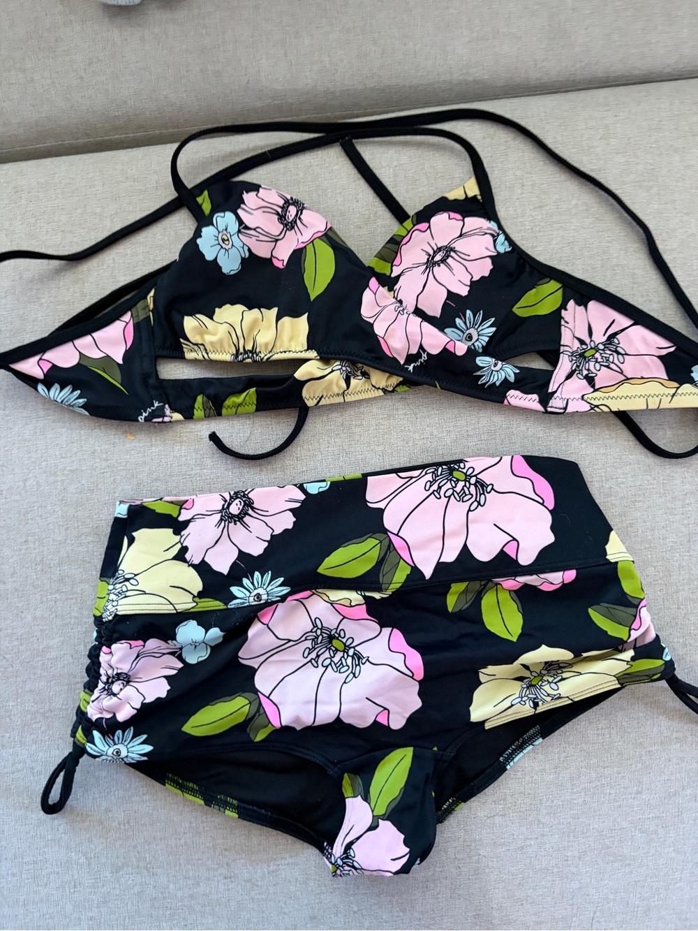 PINK Victoria's Secret Black Floral High-Waist Bikini - Pink & Yellow Flowers